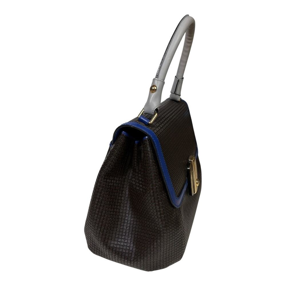 Serapian Bown Leather Gray Top Handle Cobalt Blue Trim Structured Handbag - Picture 3 of 9